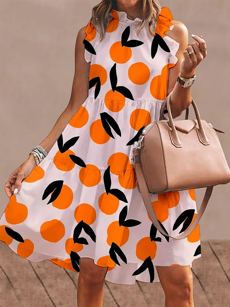 Women's Orange Print Summer Sleeveless Dress socialshop