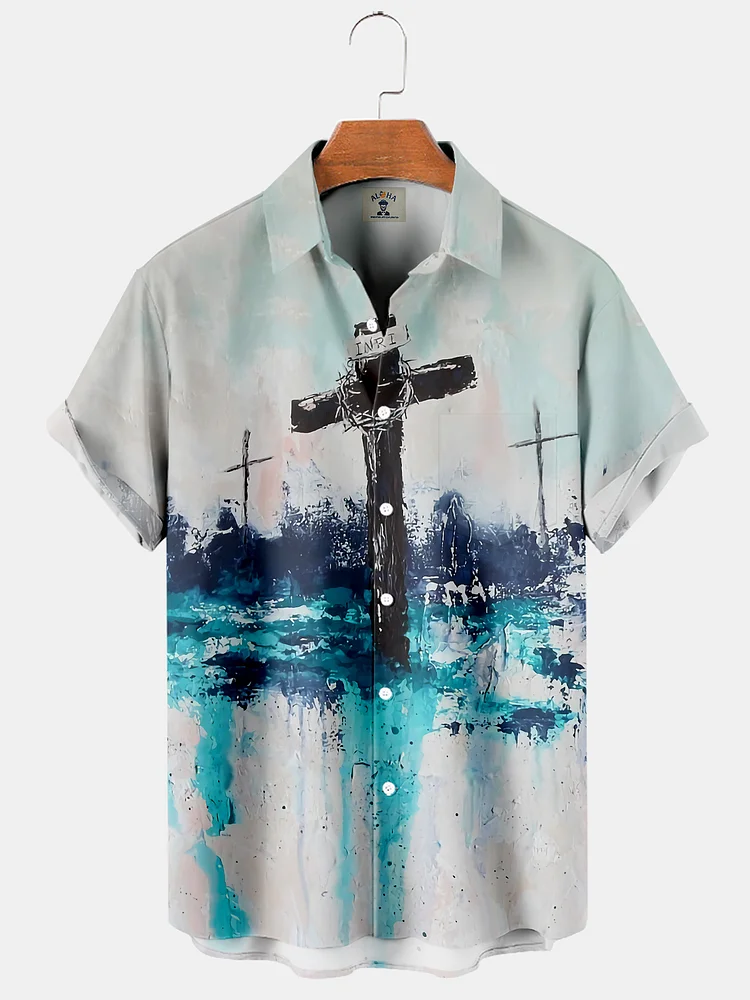 Men's Easter Smudged Cross Print Short Sleeve Shirt