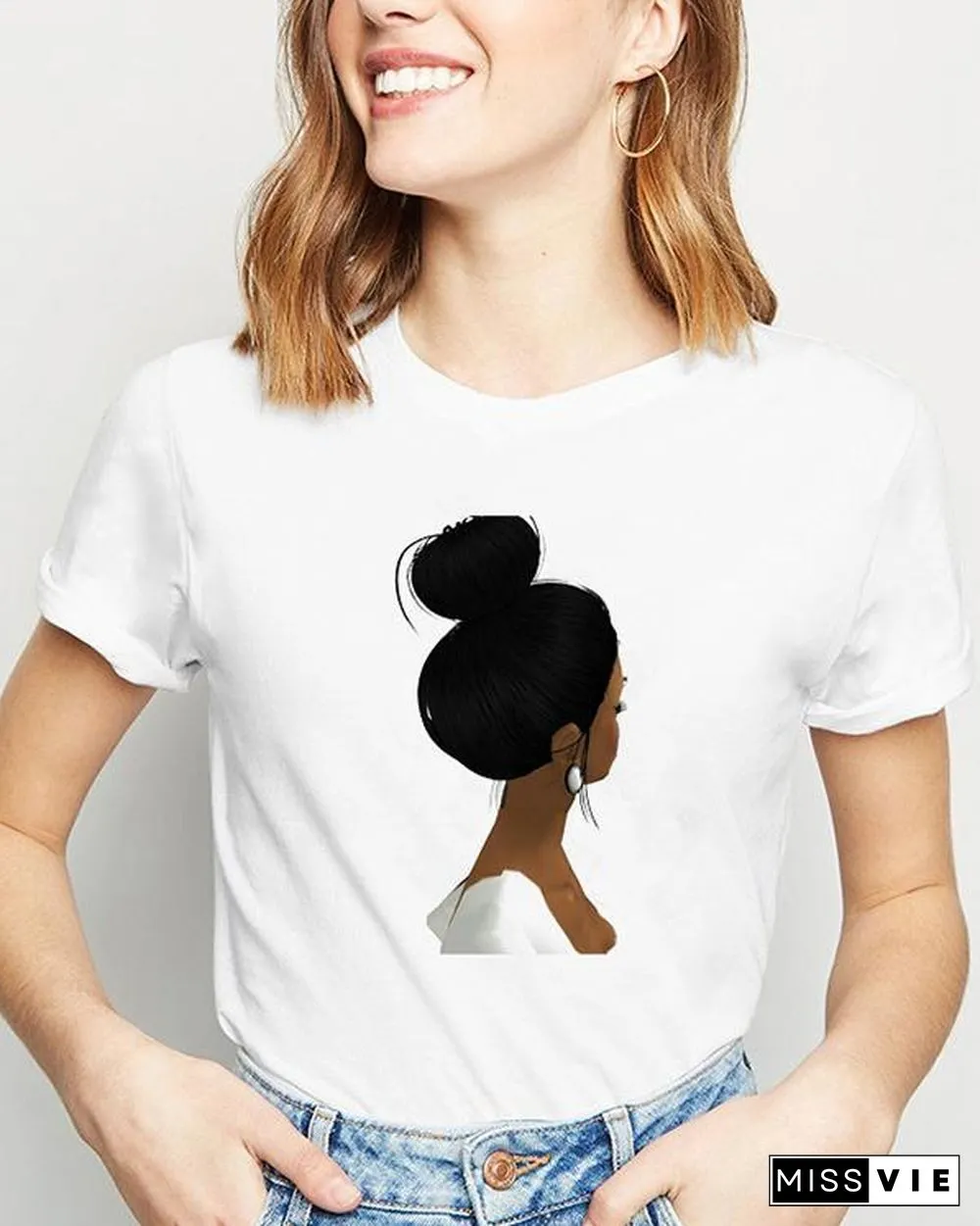 Ladies Summer Casual Short Sleeves Cartoon Printed Tshirt