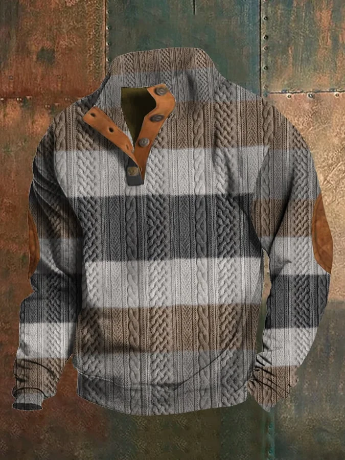 Men's Western Vintage Jacquard Print Stand Collar Button-Up Sweatshirt