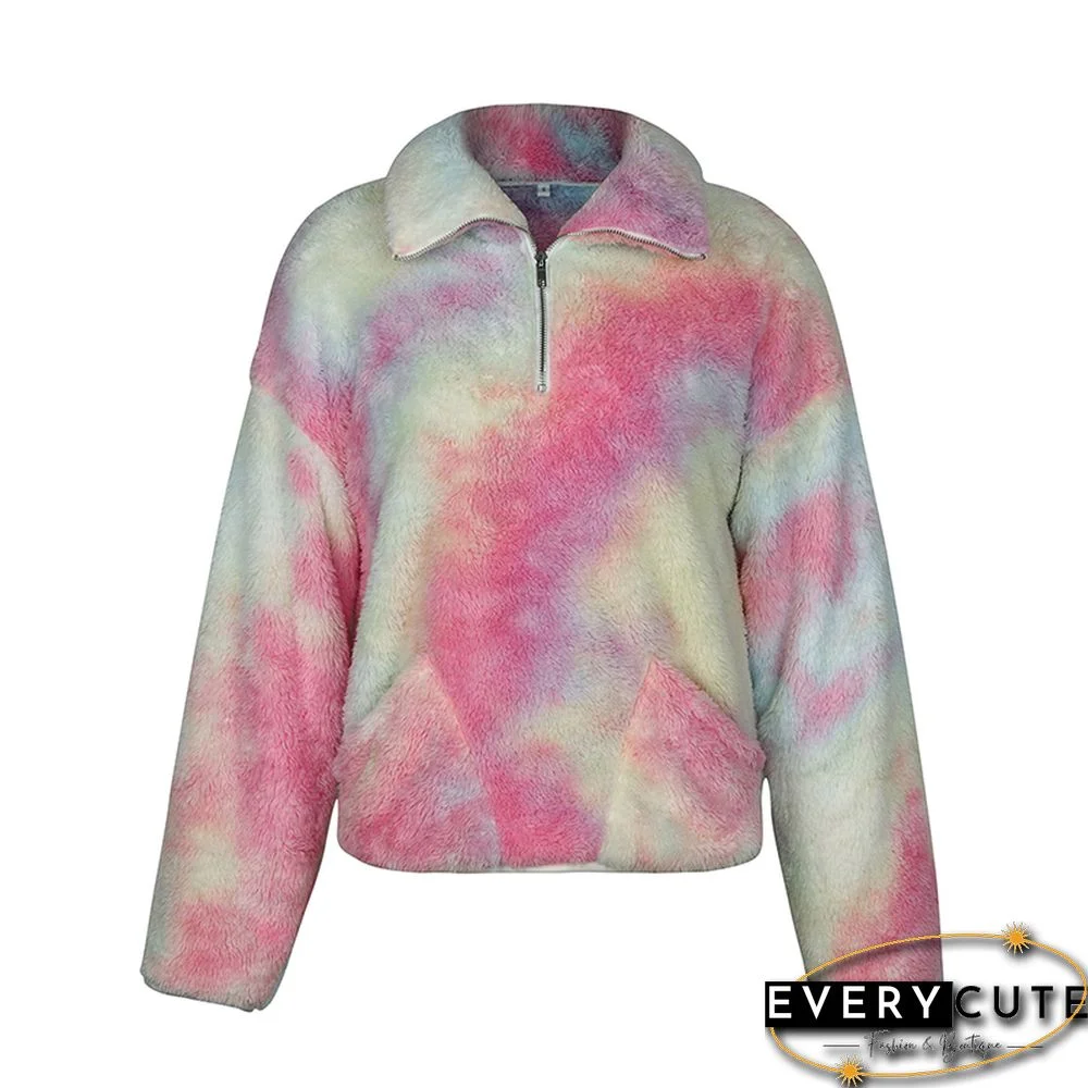 Multicolor Tie Dye Print Zip Neck Plush Sweatshirt