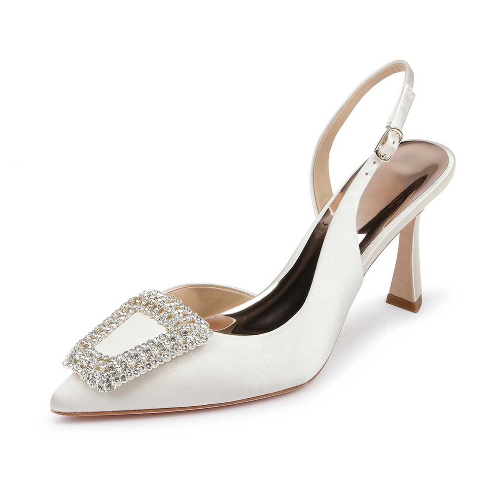White Satin Rhinestone Buckle Pointed Toe Flared Heel Slingback Pumps Nicepairs