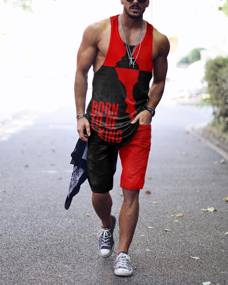 Men's Sports Black-Red King Print Shorts Vest Suit