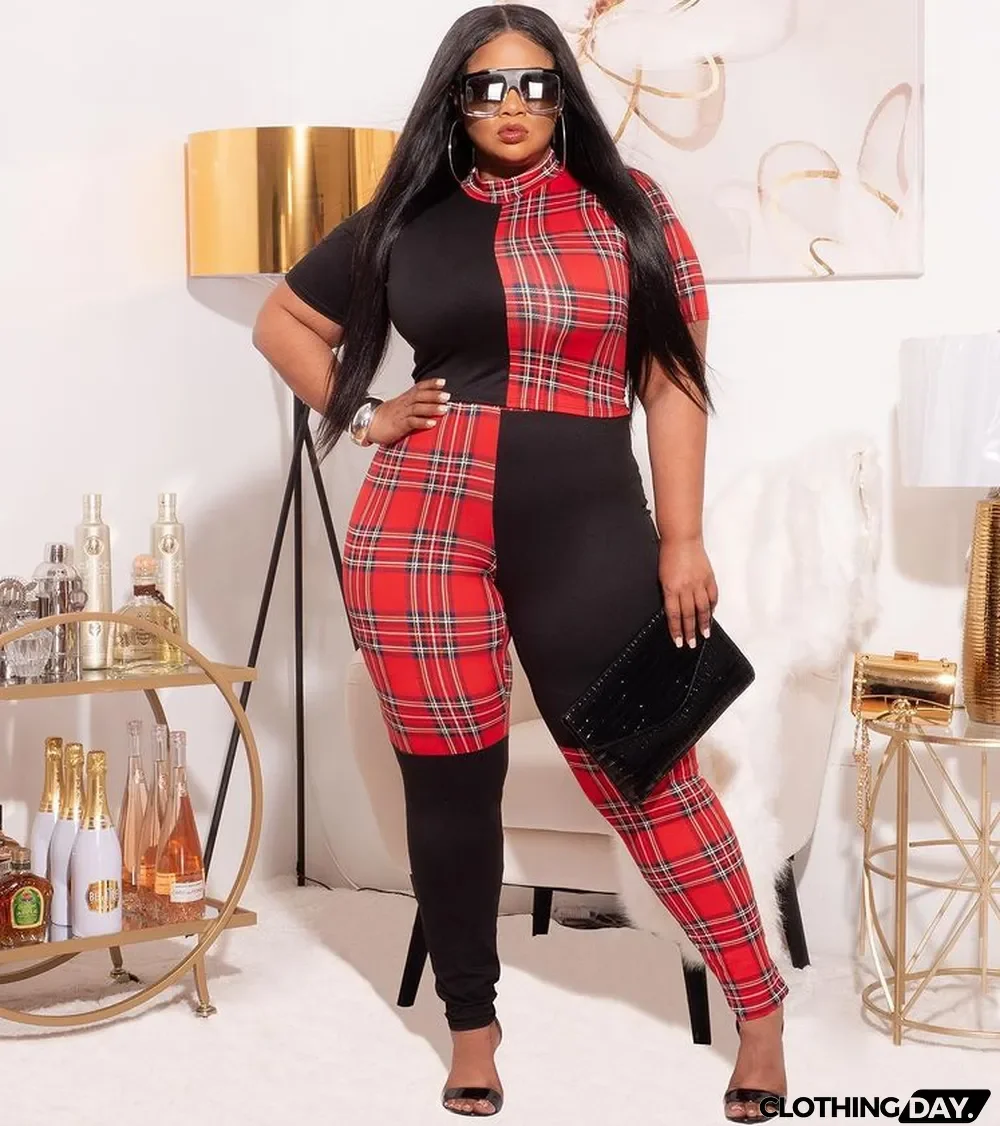 Plaid Positioning Print Plus Size Women's Clothing Summer Short Sleeve Slim Jumpsuit