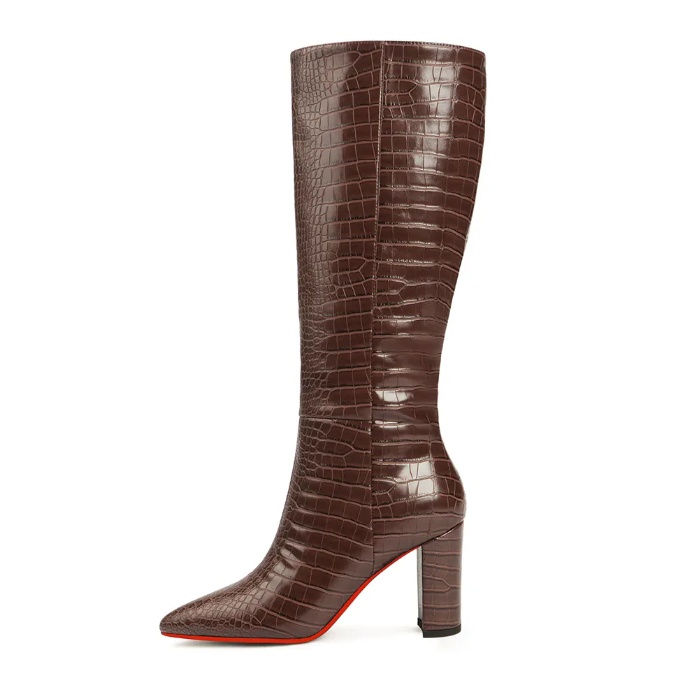 95mm/3.75 inch Women's Knee High Boots Thick Faux Alligator Boots Thick Heel Pointed Toe Red Bottom Boots
