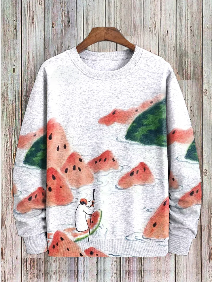 Men's Funny Watermelon Lotus Landscape Japanese Ink Art Print Sweatshirt
