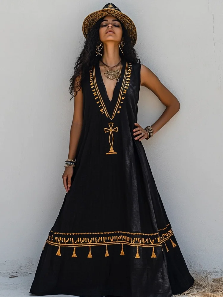 Bohemian Egyptian Elements Women's Vacation Vest Maxi Dress