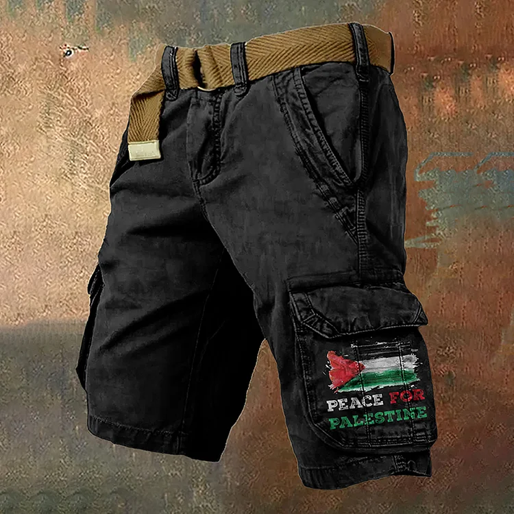 Be Free And Peace Forever Print Cargo Shorts (Belt Not Included)