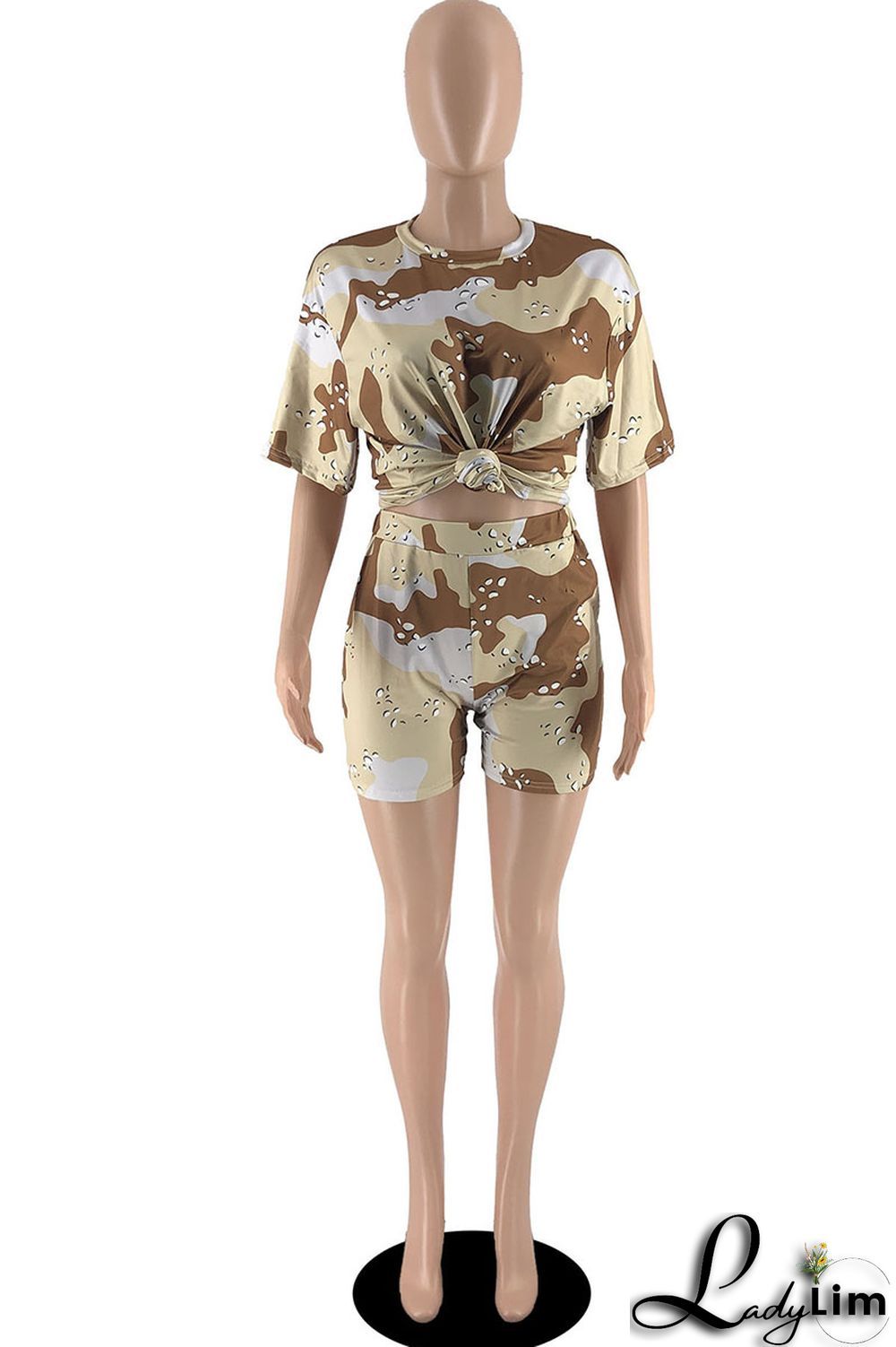 Army Green Casual Print Patchwork O Neck Short Sleeve Two Pieces