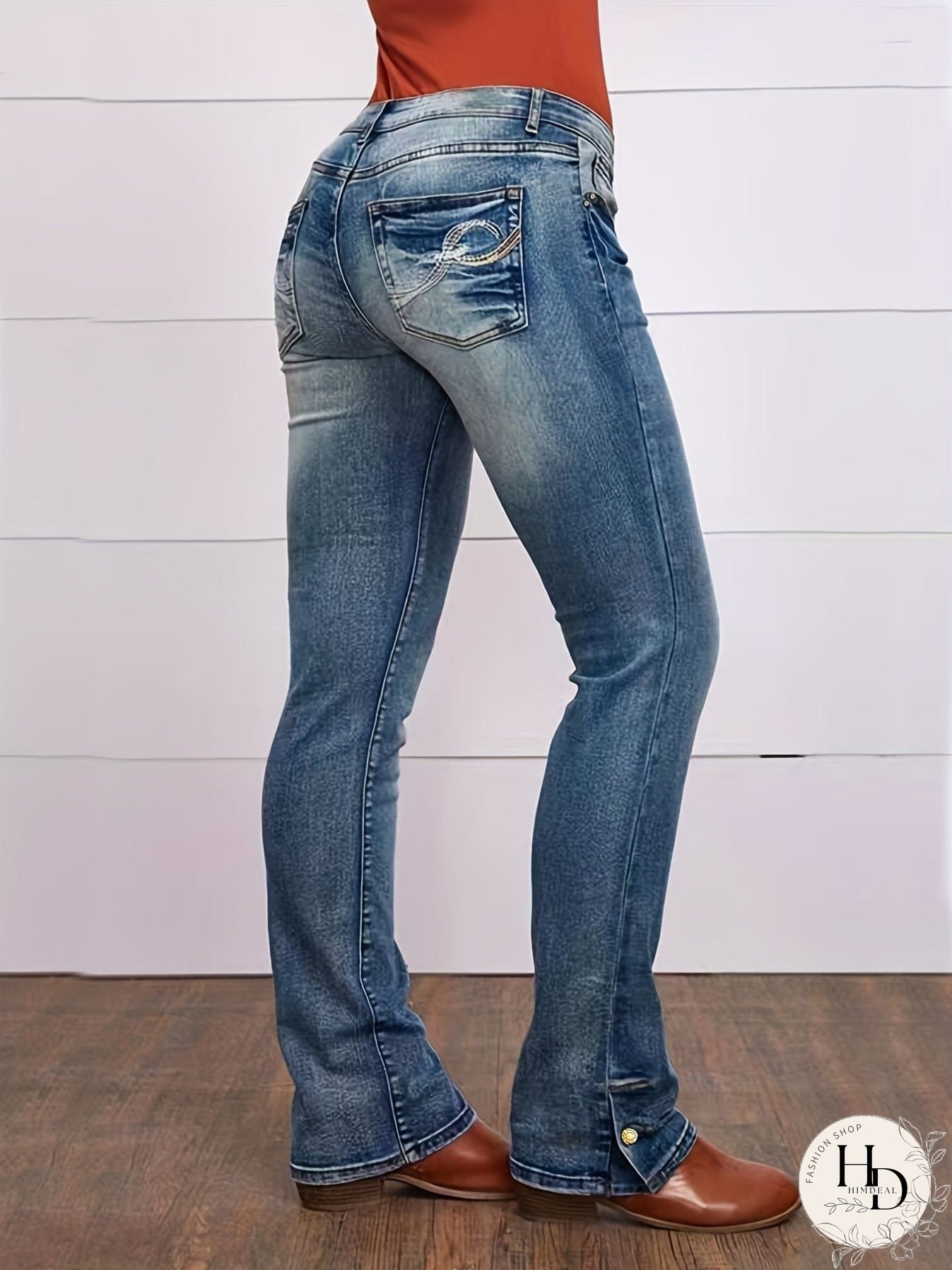 Vintage Embroidered Patchwork Bootcut Button Side Split Denim Jeans