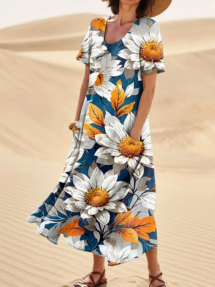 Large White Daisy Floral Pattern Printed Women's Linen Pocket Dress