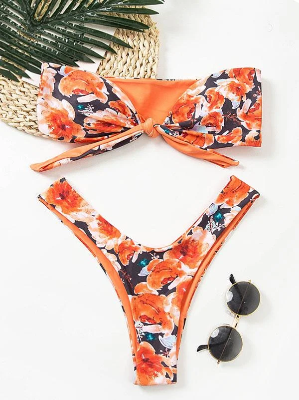 Floral-Print Knotted Bandeau Split Bikini Swimsuit