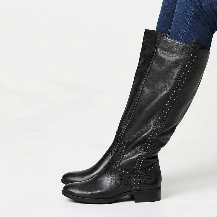 Black Vegan Leather Studded Below The Knee Flat Boots for Women |FSJ Shoes