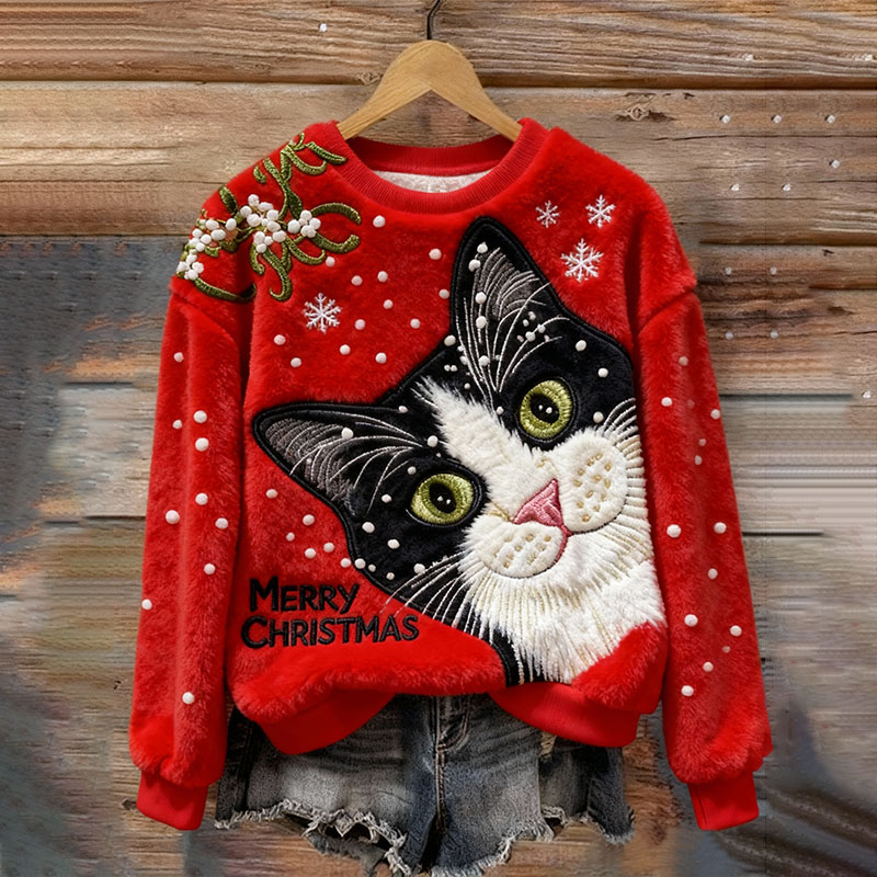 Women's Christmas Cat Embroidery Art Comfort Plush Sweatshirt wearshes