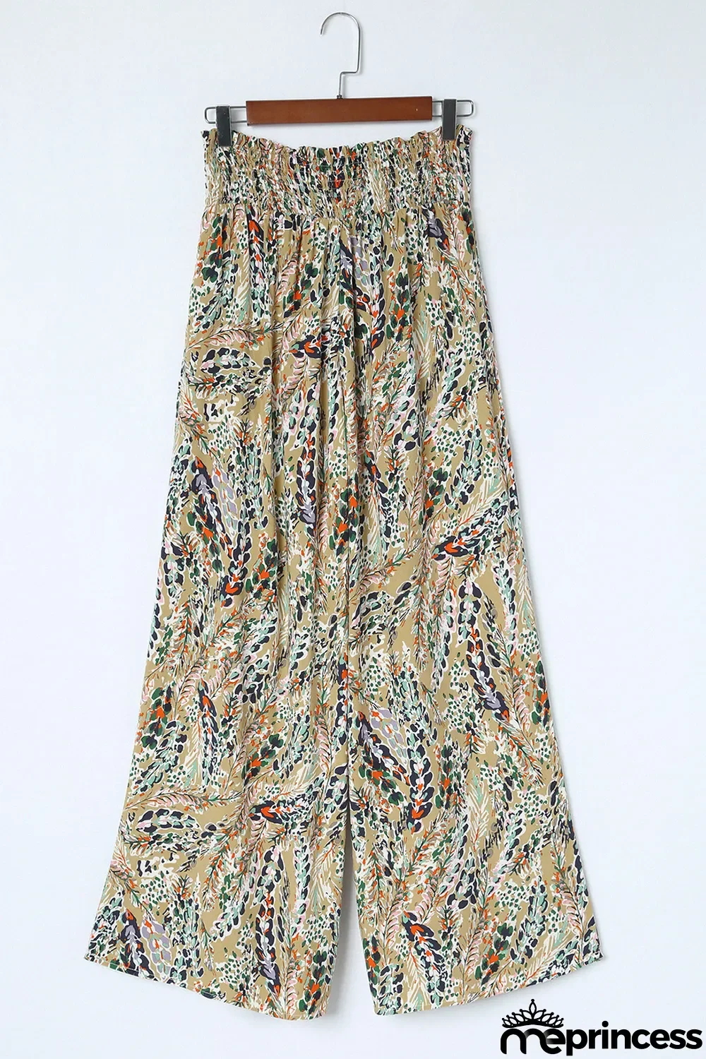 Multicolor Floral Print Shirred High Waist Wide Leg Casual Pants