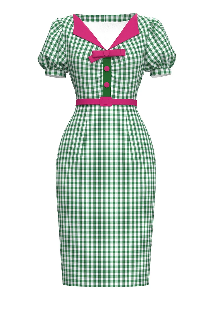 1950s Green Casual Lapel Bow Split Lantern Sleeve Plaid Pencil Midi Dress (With Belt) [In Stock]