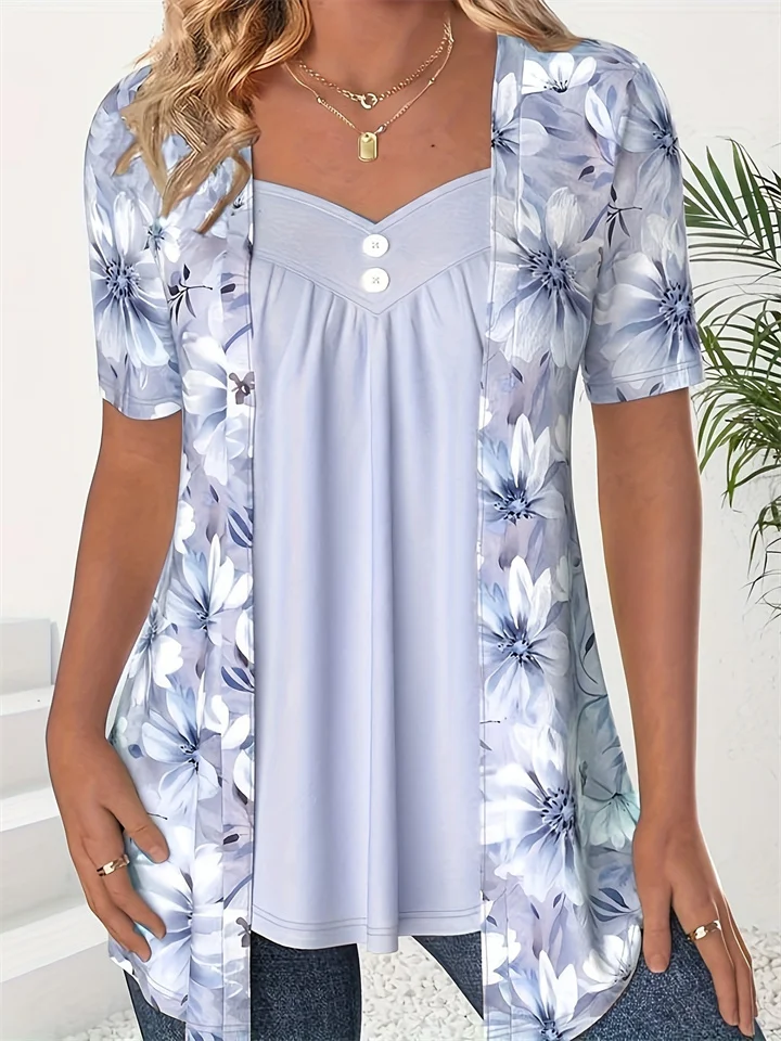 Summer New Women's Fake Two-piece Short-sleeved Printed Fashion Tops