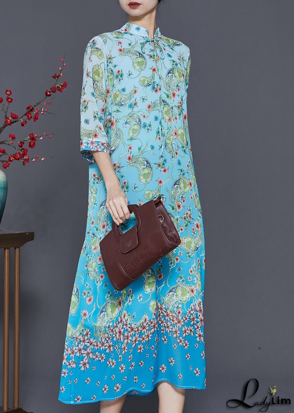 Elegant Blue Print Draping Chiffon Long Dresses Summer