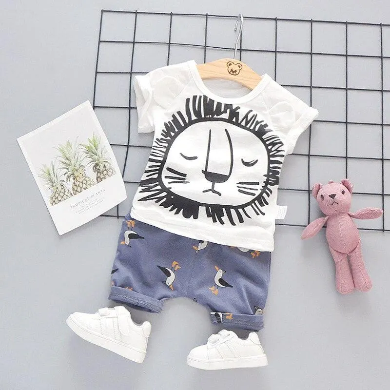 Summer Clothes Kids Toddler Boy girl Shirt Suit 1 2 3 4 Years Lion Set Short Sleeve Cotton Children Clothing Boys Outfit Printed
