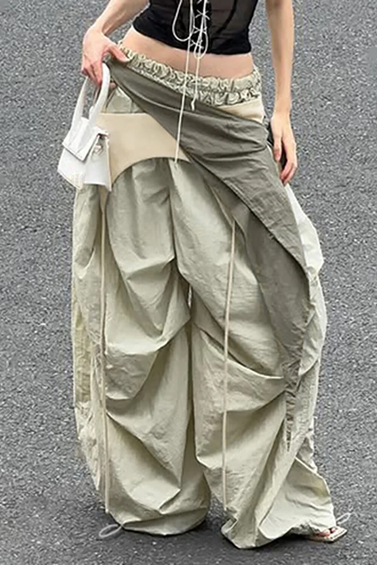Colorblock Irregular Patchwork Wide Leg Casual Pants-Green