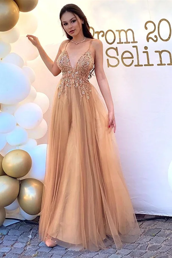 Gorgeous Spaghetti-Straps Appliques V-Neck Evening Dress Long - lulusllly
