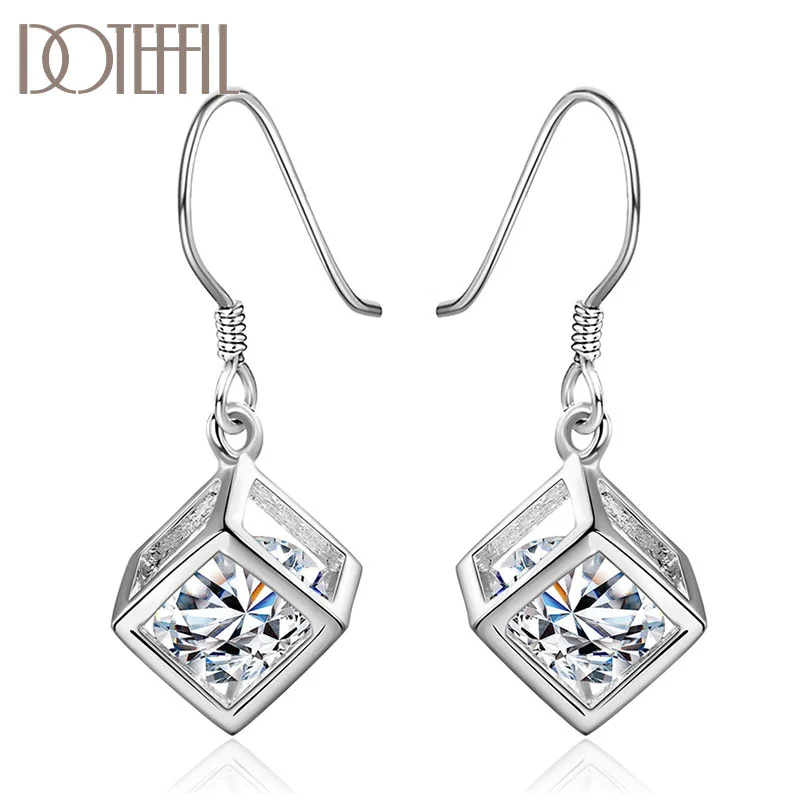 DOTEFFIL 925 Sterling Silver Square AAA Zircon Earrings Charm Women Jewelry 