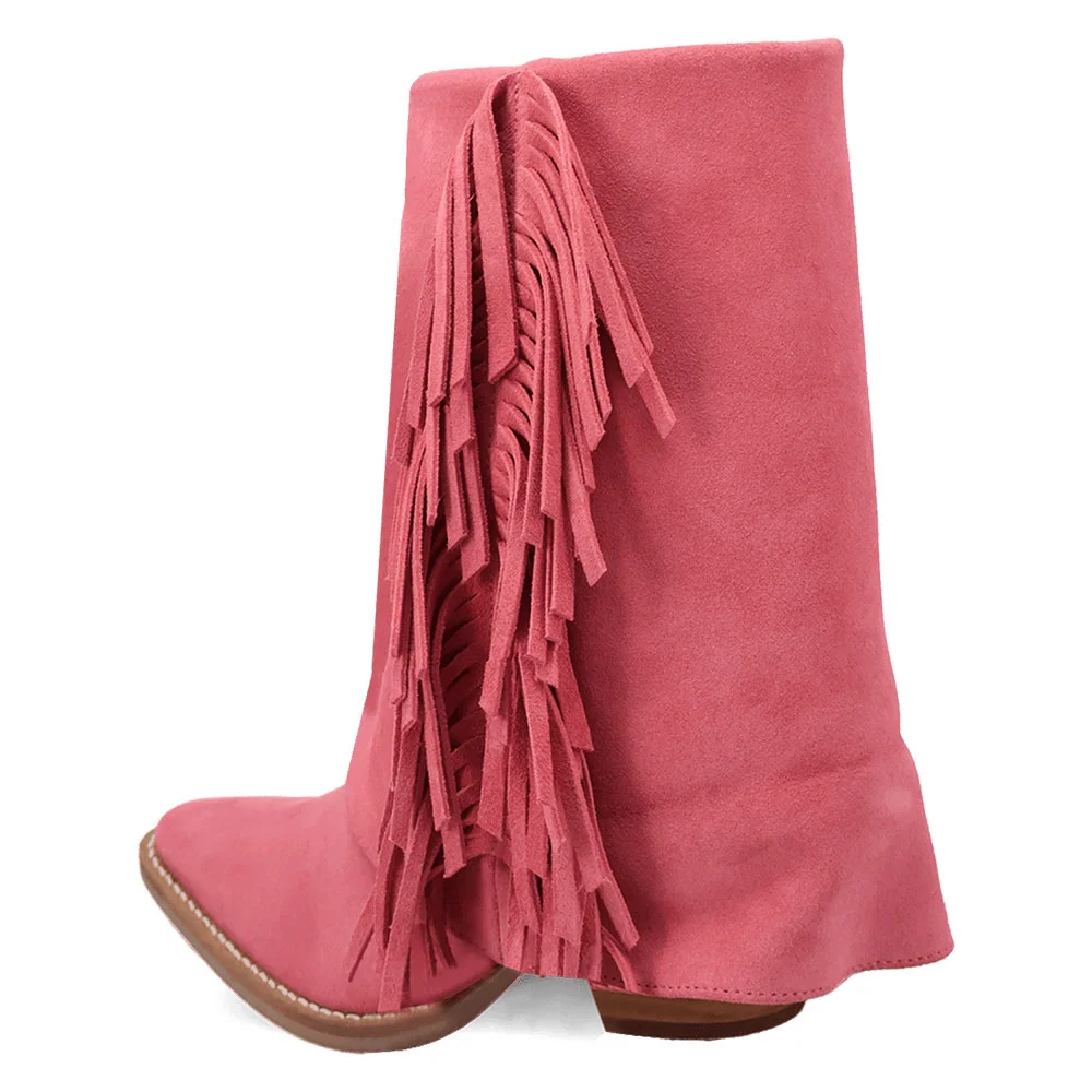 Vegan Suede Chunky Heel Almond Toe Fringe Cowgirl Boots in Pink