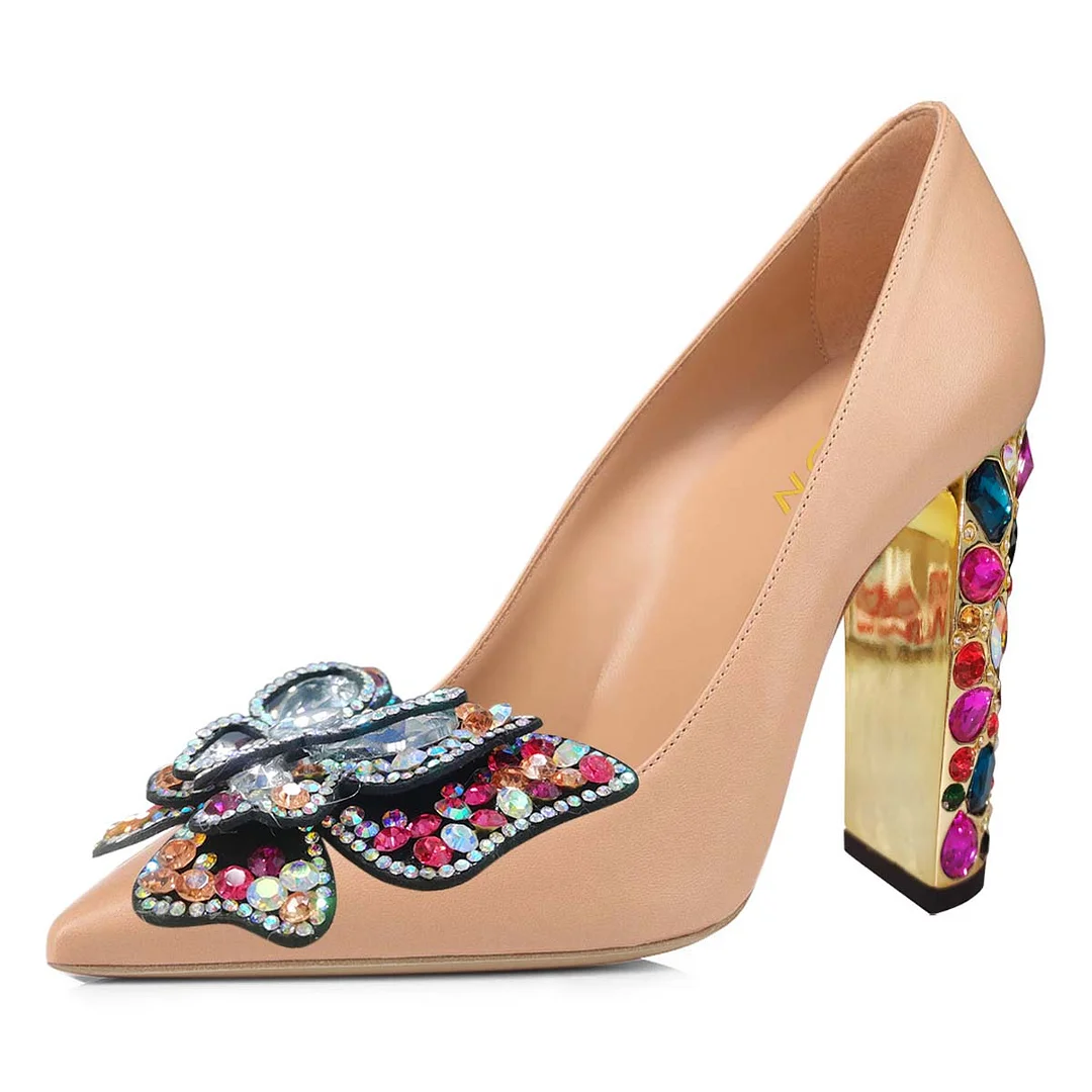 YDN Chunky Heel Jewelry Decor Pointed Toe Butterfly Nude Pumps
