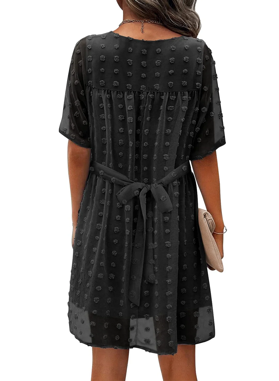 MIHOLL Women's V Neck Short Sleeve Ruffle Loose Summer Flowy Mini Dress