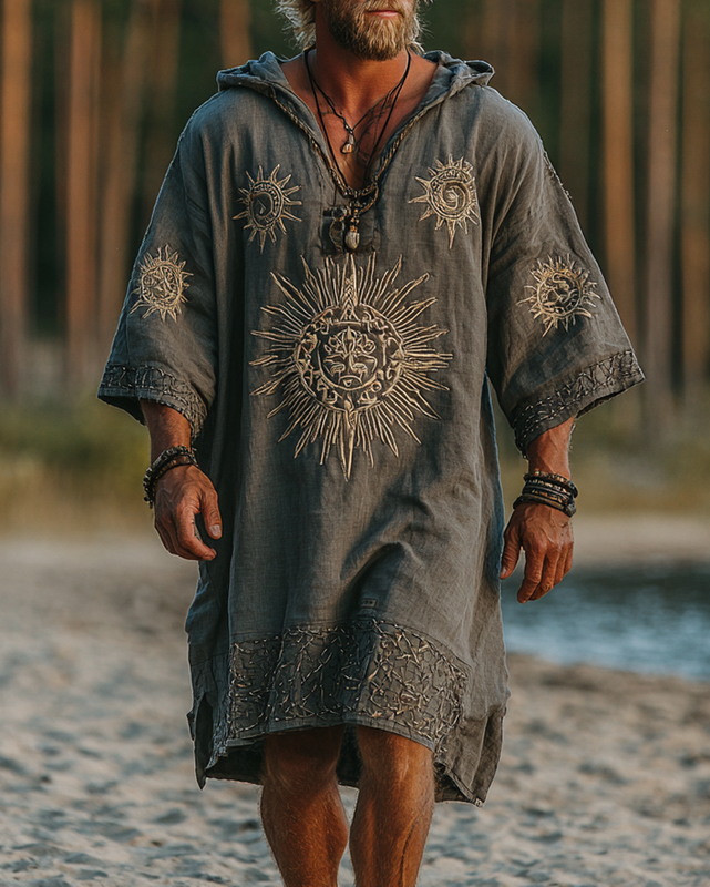 Men's summer vacation star and moon 3D embroidery casual linen hooded kaftan 7359