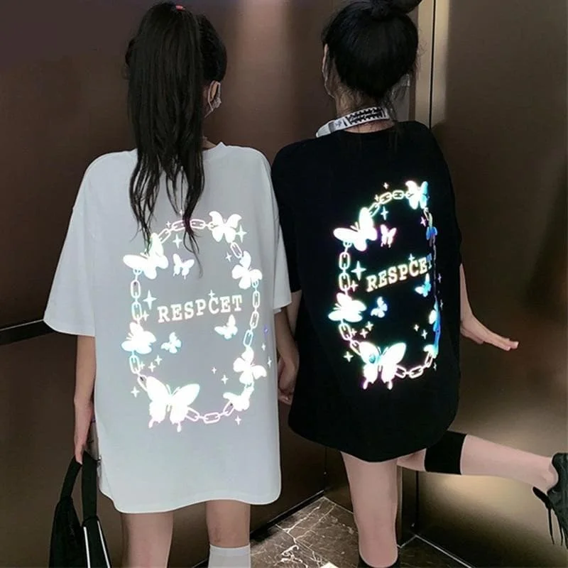 Reflective Butterfly Letters Print Loose Long T-shirt SP14980