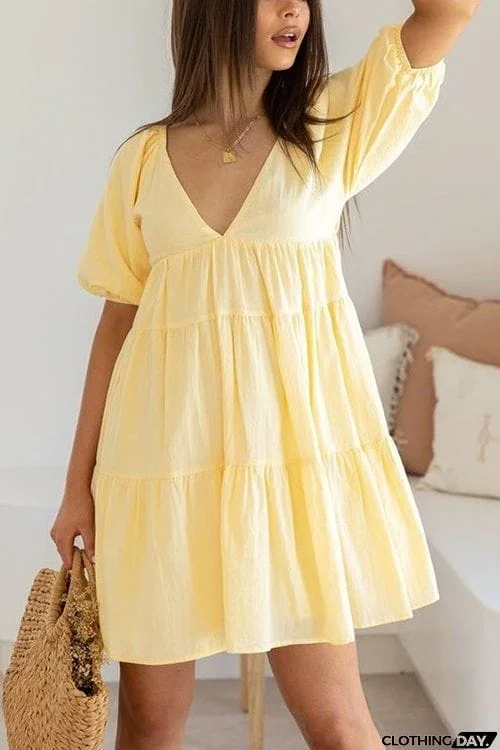 V Neck Puff Sleeve Mini Dress