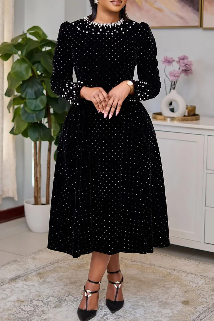 Plus Size Business Casual Black Round Neck Long Sleeve Pearls Vintage Velvet Midi Dresses [Pre-Order] 2024 - Xpluswear