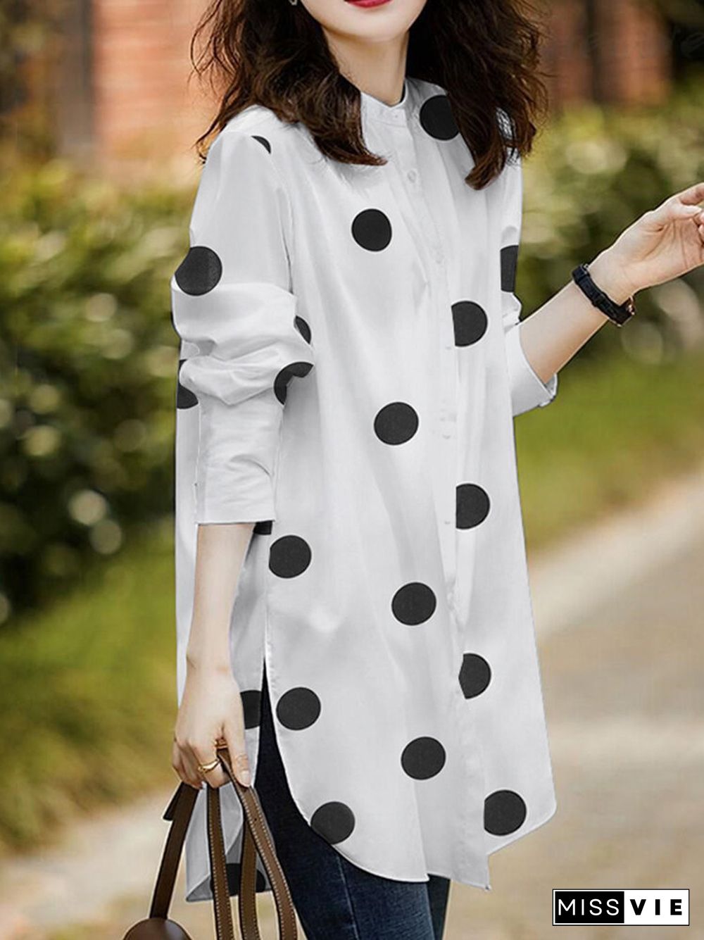Polka Dot Button Split Long Sleeve Stand Collar Casual Shirt