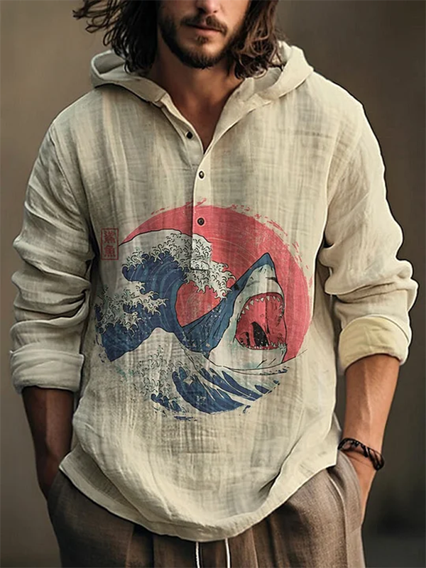Men's Rough Waves Shark Sun Japanese Art Print Hooded Shirt