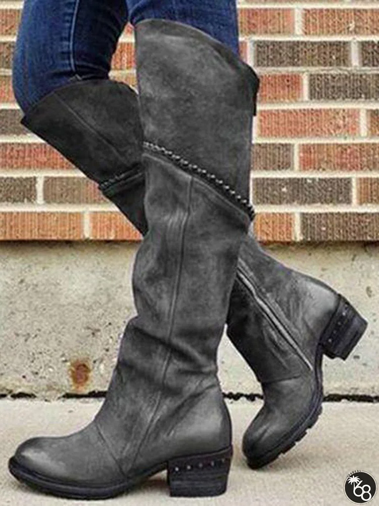 Vintage Panelled Soft Leather Zip Block Heel Boots | 168DEAL