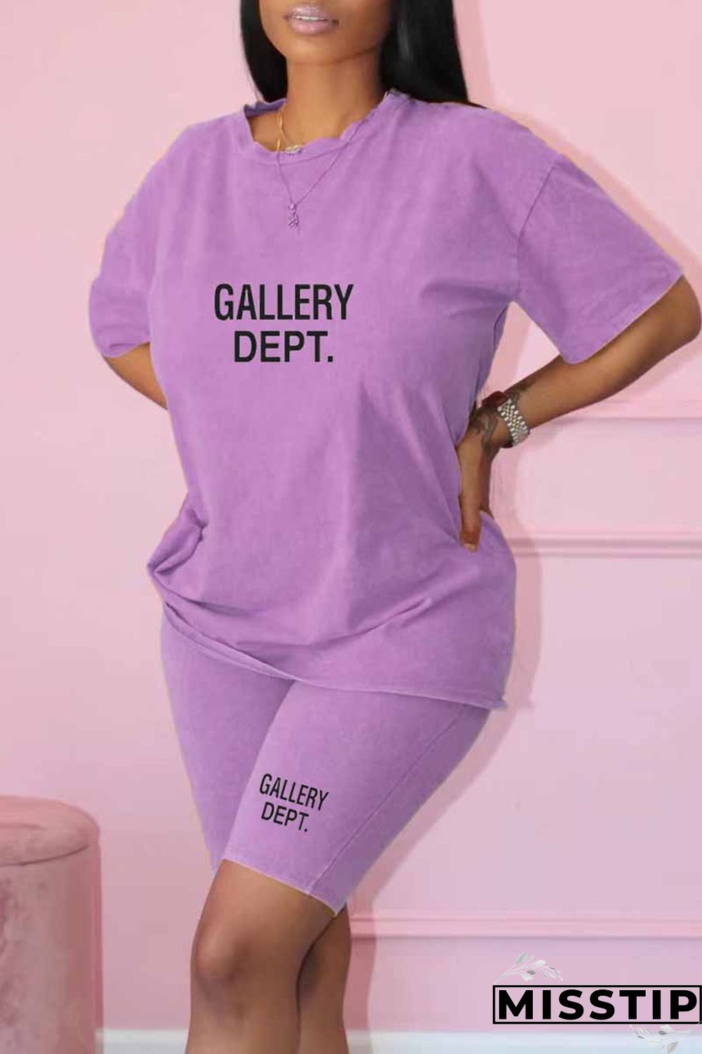 Black Casual Print Letter O Neck Short Sleeve Two Pieces