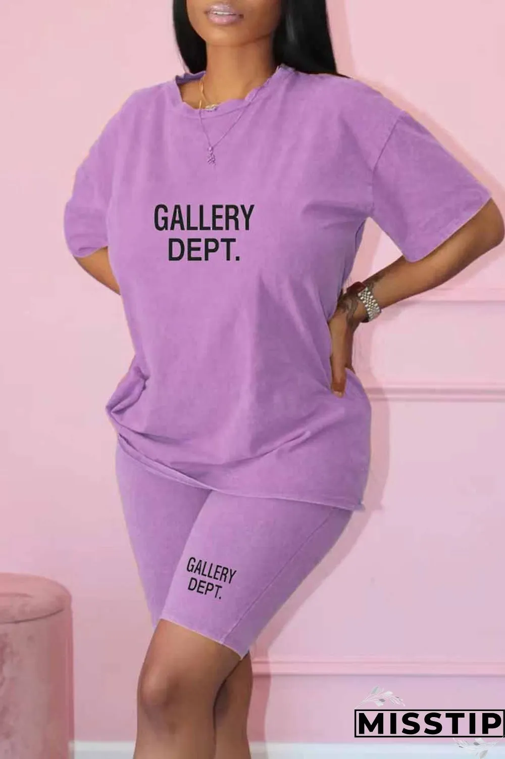 Black Casual Print Letter O Neck Short Sleeve Two Pieces