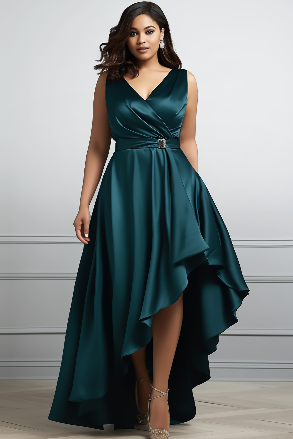 Flycurvy Plus Size Formal Dark Peacock Green Satin Wrap Asymmetrical Hem Maxi Dress 2024 - Flycurvy 