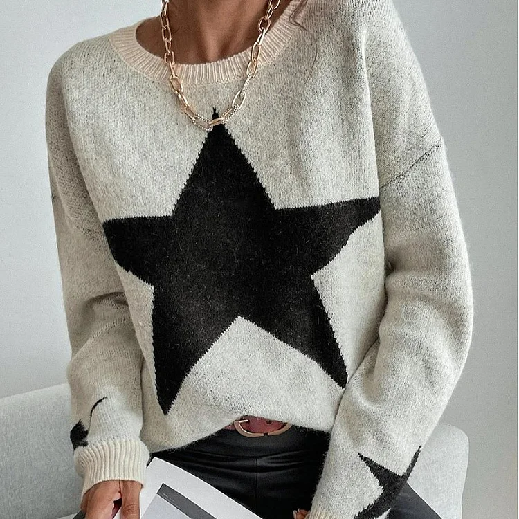 Simple Round Neck Star Jacquard Sweater