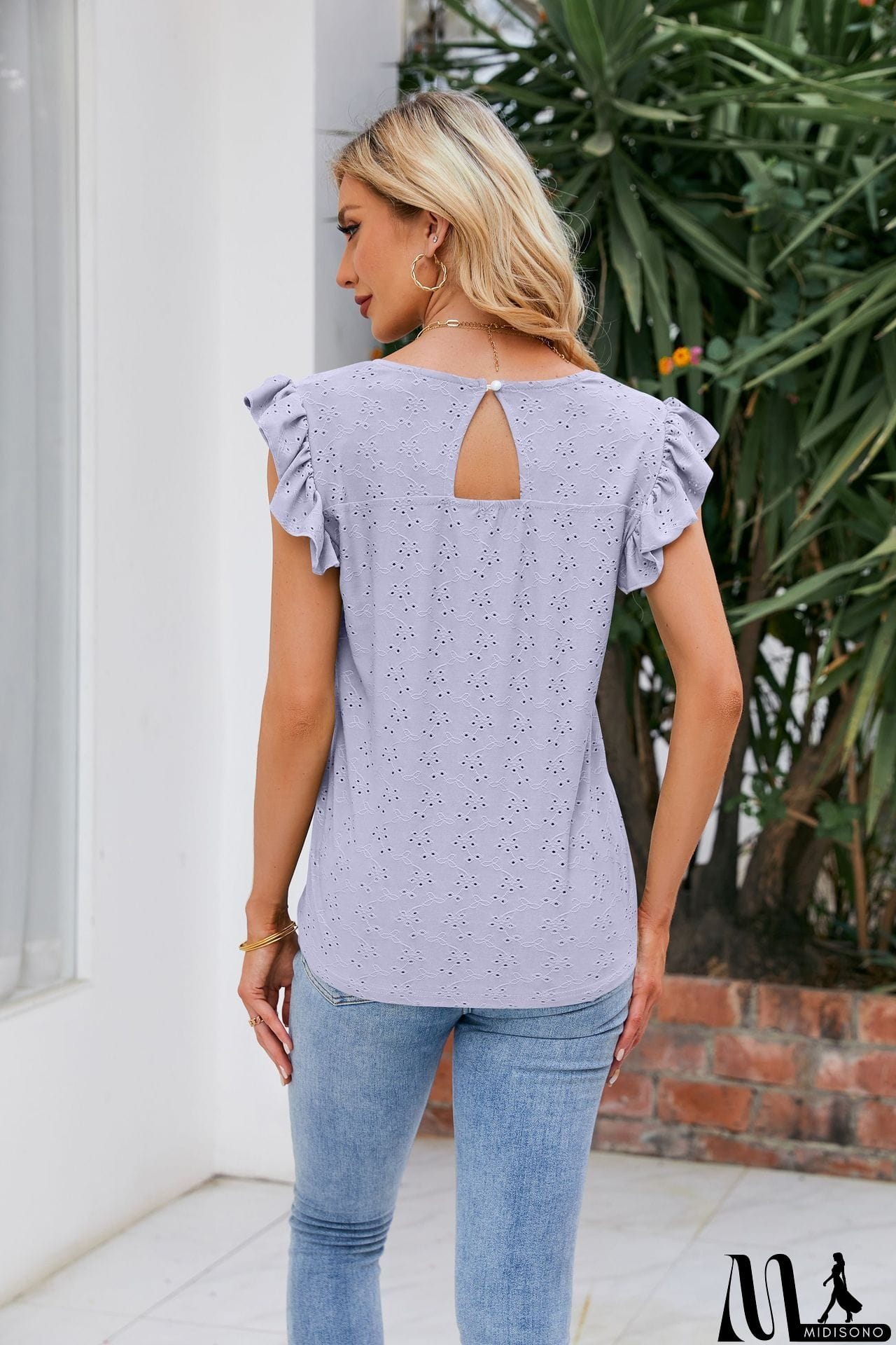 MidiSono - V-Neck Flutter Sleeve Eyelet Top