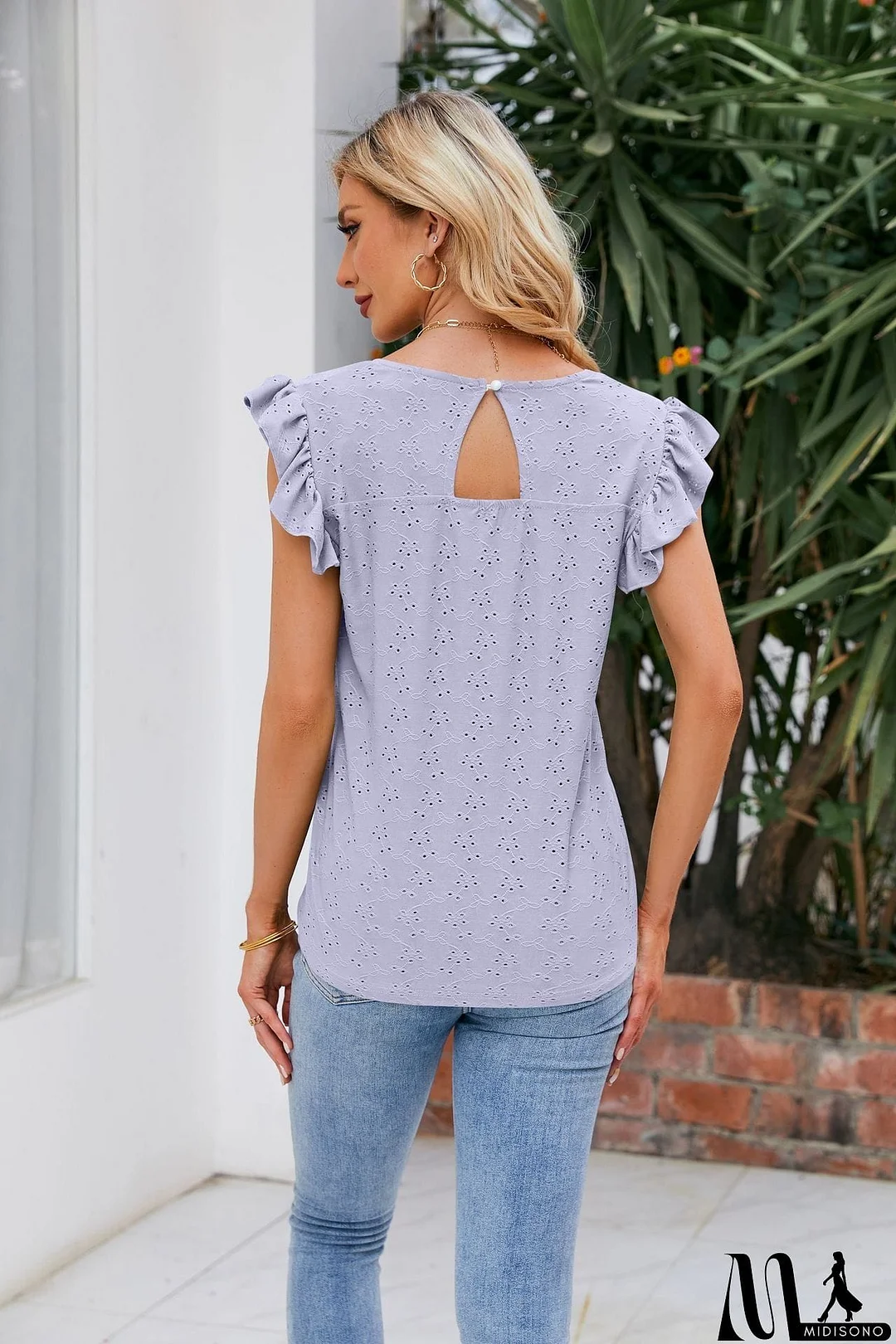 MidiSono - V-Neck Flutter Sleeve Eyelet Top