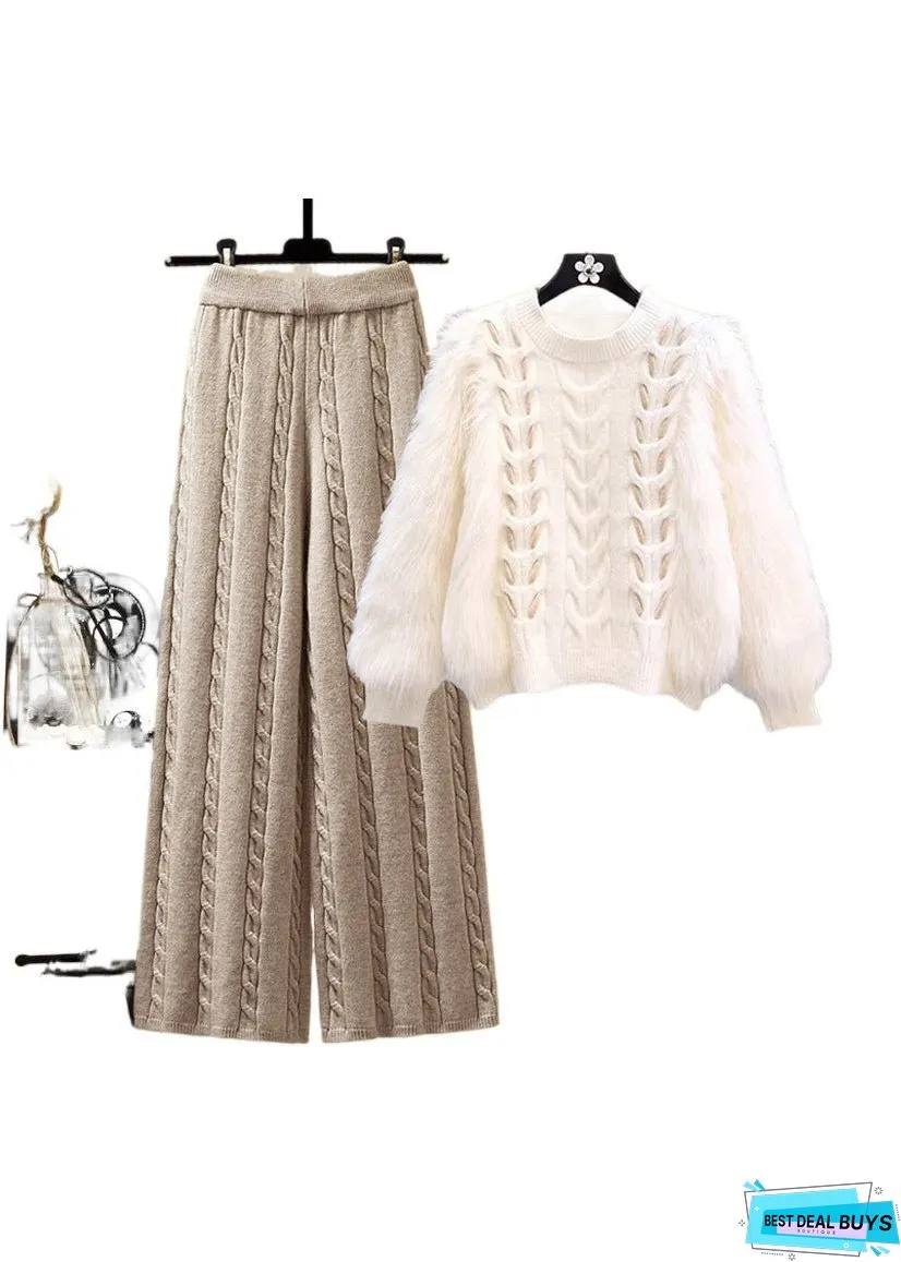 Style Apricot O Neck Sweaters And Skirts Knit Two Pieces Set Fall