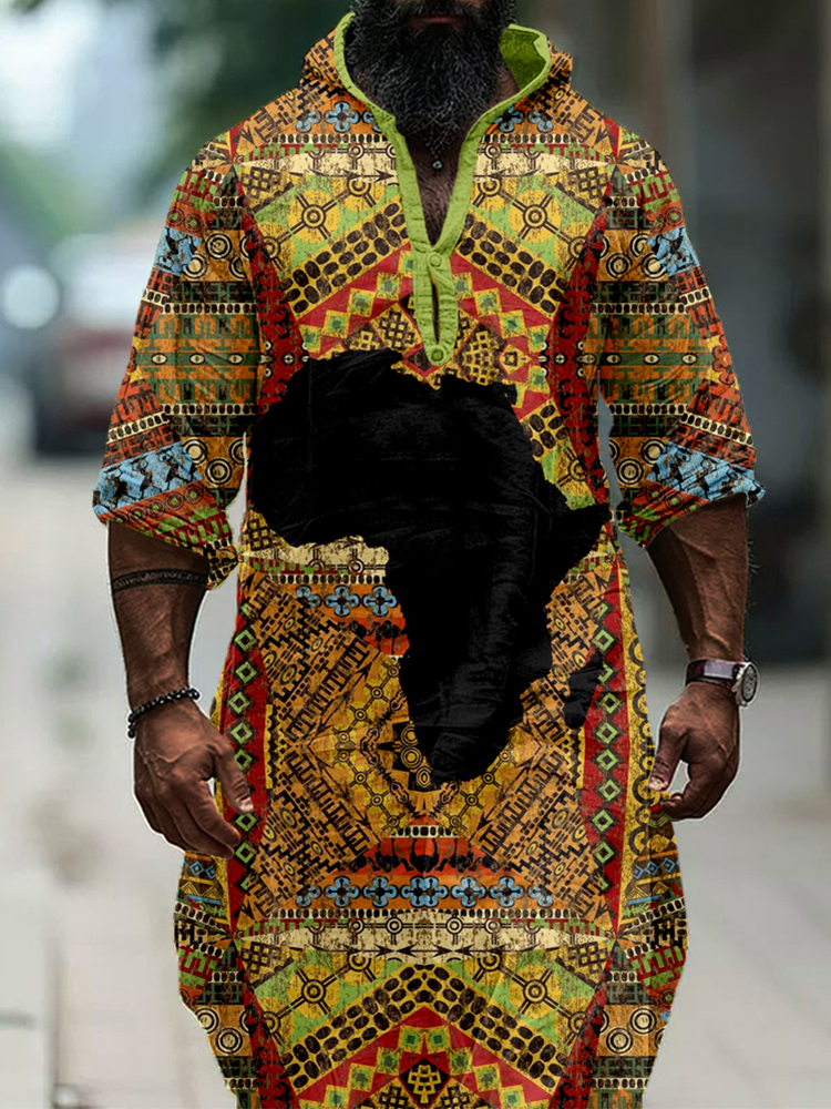 Men's Africa Map Ethnic Graphic Linen Long Hooded Tunic