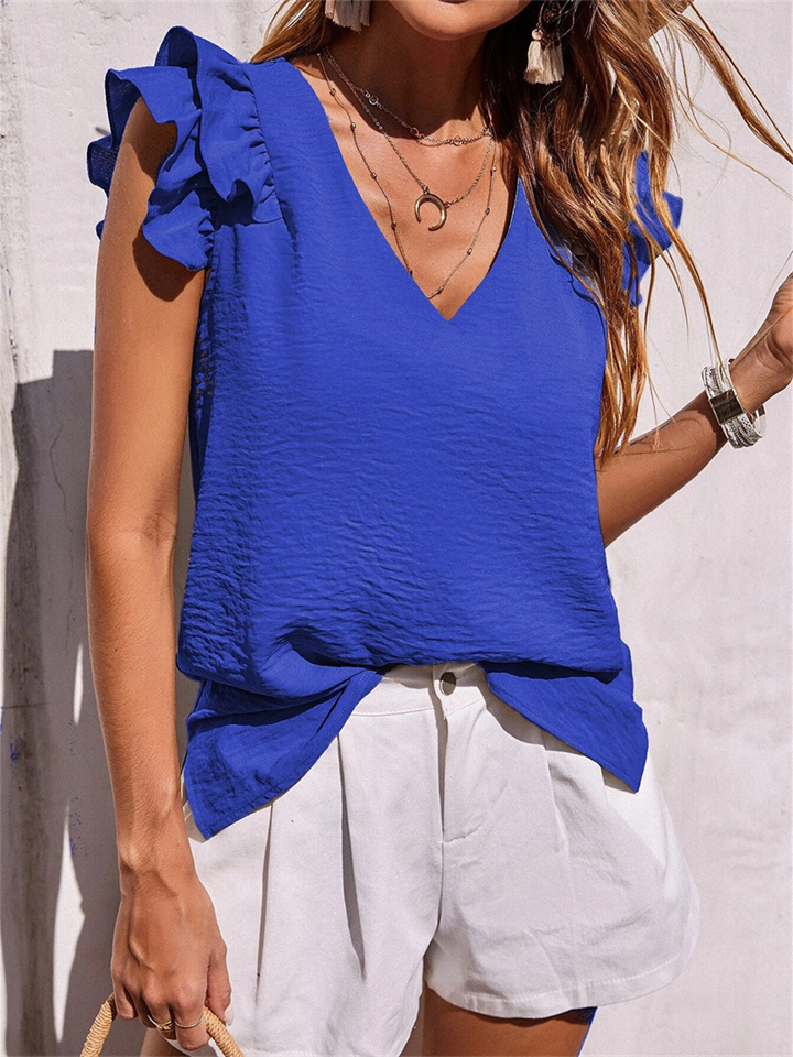 Spring and Summer Women's Casual V-neck Ruffled Undershirt Tops Summer Sleeveless Solid Color Shirt
