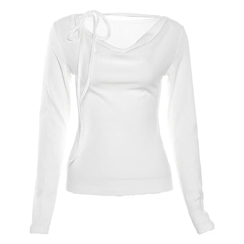 Brownm 2024 Winter New Women's Solid Color Slimming Fashion Sexy V-Neck Long Sleeve Strap T-Shirt