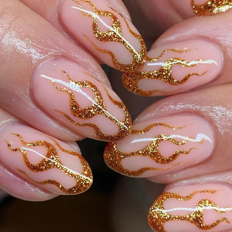Churchf Churchf Gold Powder Flame Almond Nail Sweet Cool Hot Girl Ins Wind False Nail Gold Powder Bright Eye Wear Nail