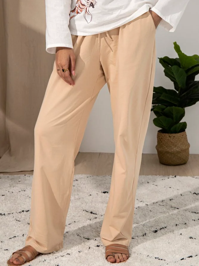 Beige Cotton Casual Pants