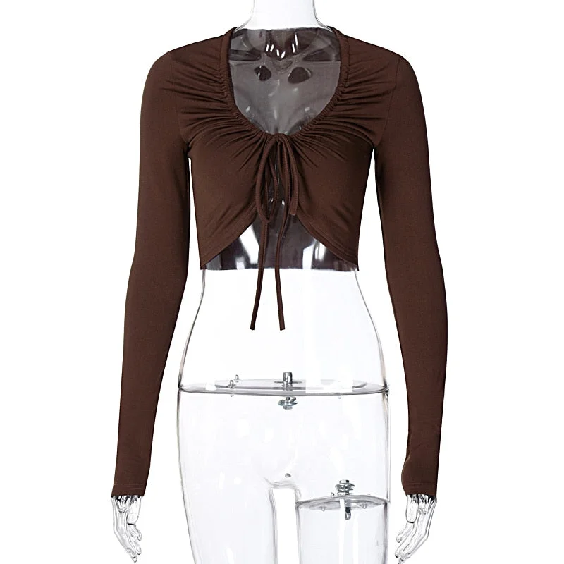 Hugcitar 2020 Long Sleeve Wrapped Bandage Sexy Crop Top Autumn Winter Women Fashion Streetwear Outfits Tshirts Club Tees