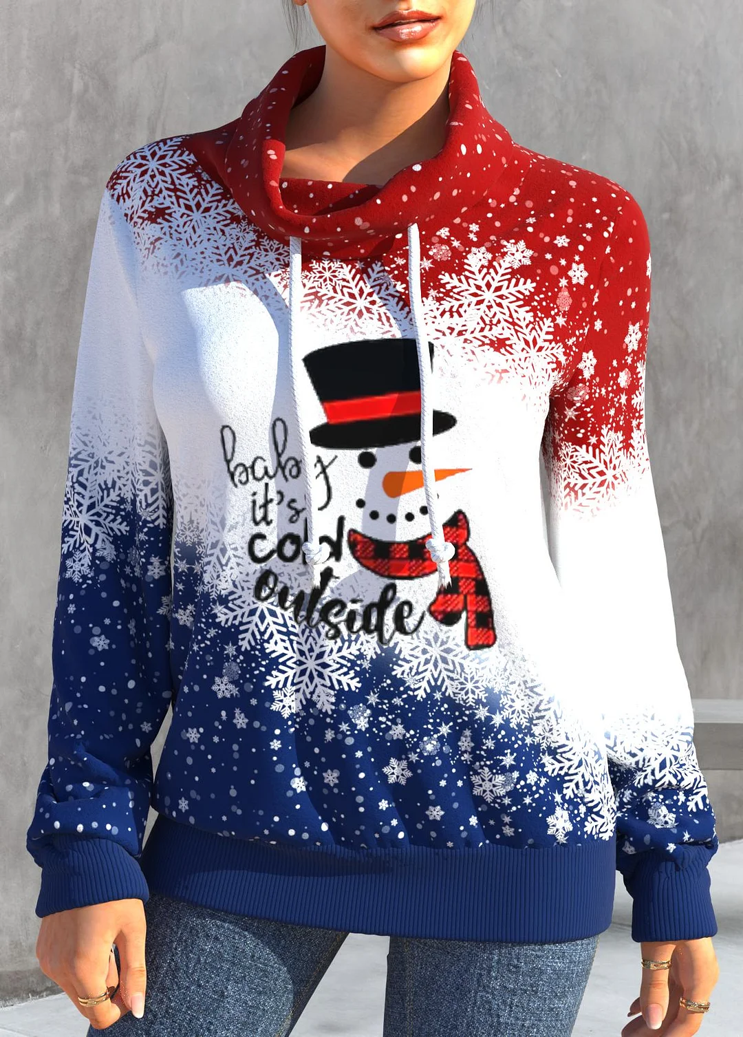 Christmas Snowman Print Drawstring White Sweatshirt
